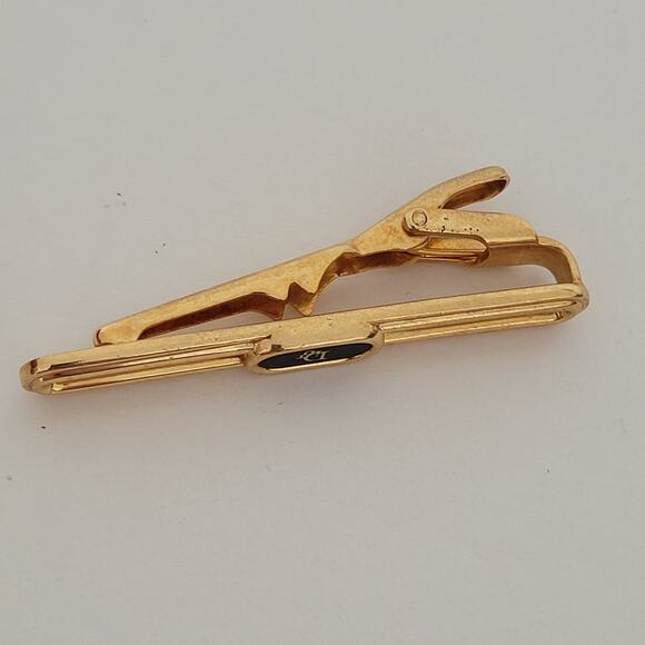 Christian Dior Tie Bar Clip Clasp Gold Black Tone Logo Vintage Designer Germany - Picture 4 of 5